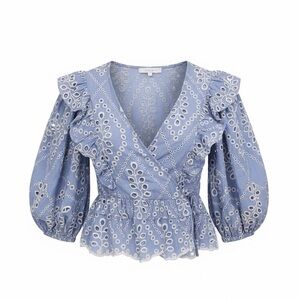 ☼  Olivaceous • Blue and White Eyelet Ruffled Peplum Blouse